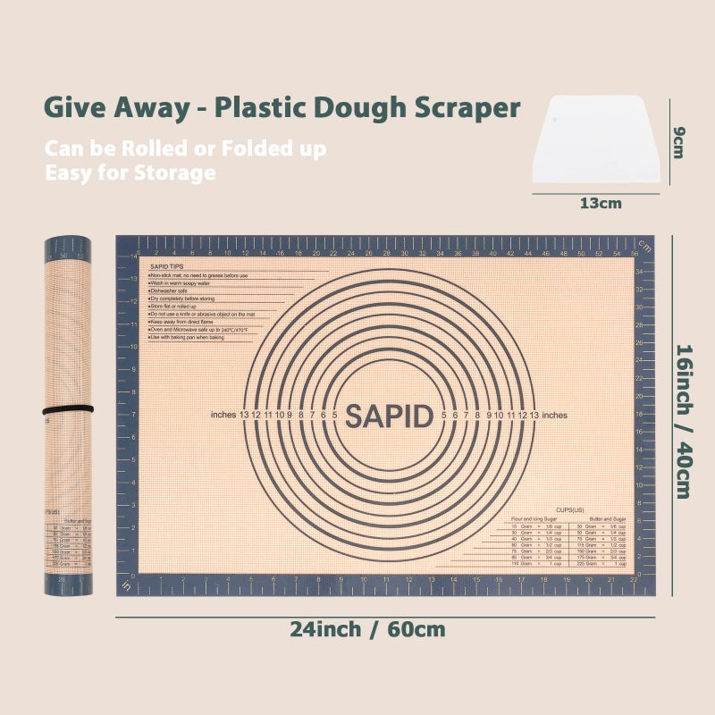 SAPID Non Slip Silicone Pastry Mat Large with Measurements for Non-stick Dough Rolling, Pie Crust, Pastry Roll Out, Cookies,Bread and Silicon Kneading Mat (16" x 24", Gray) - Image 2